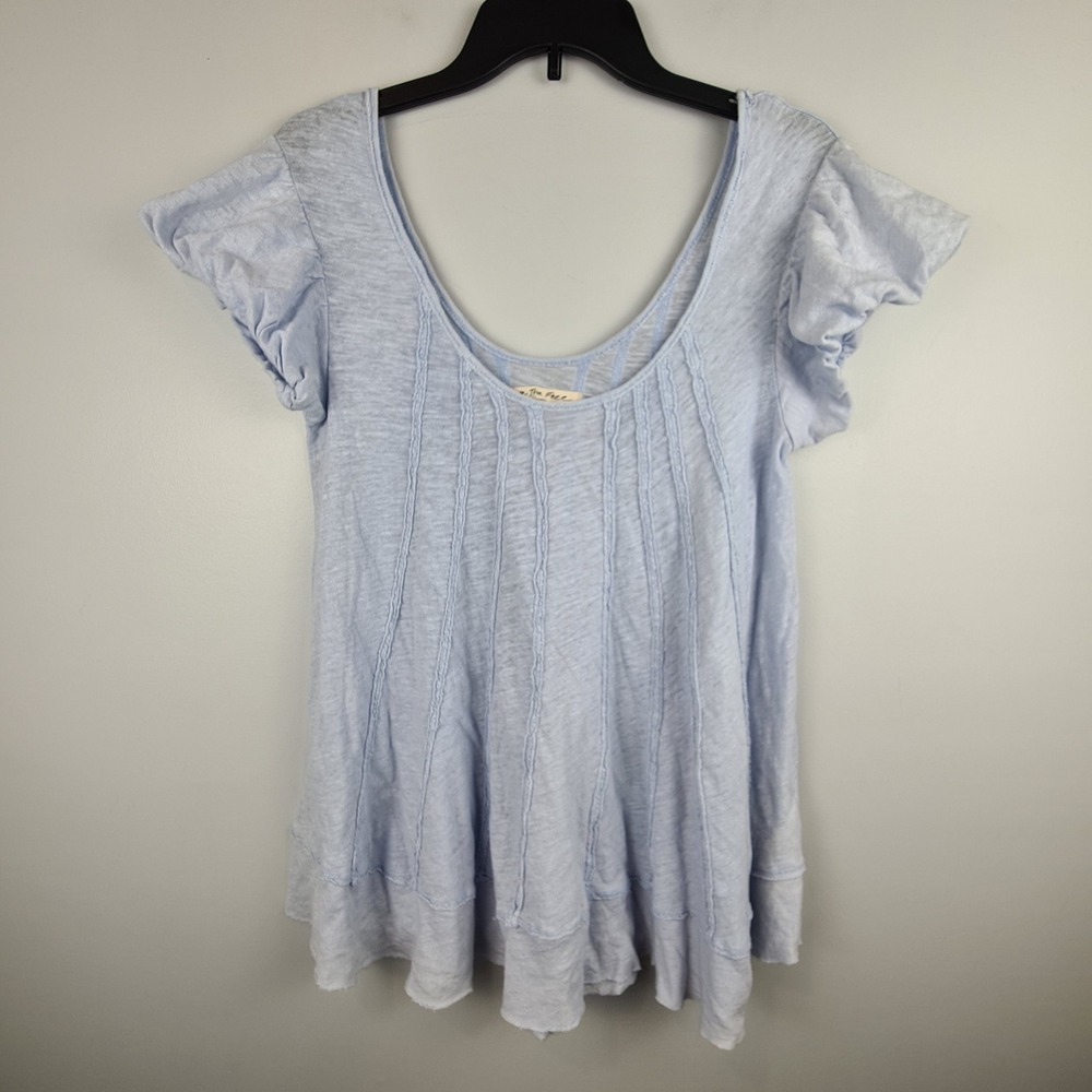 We The Free Light Blue Linen Cotton Flutter Sleeve Tunic Top XS Oversized  Shirt